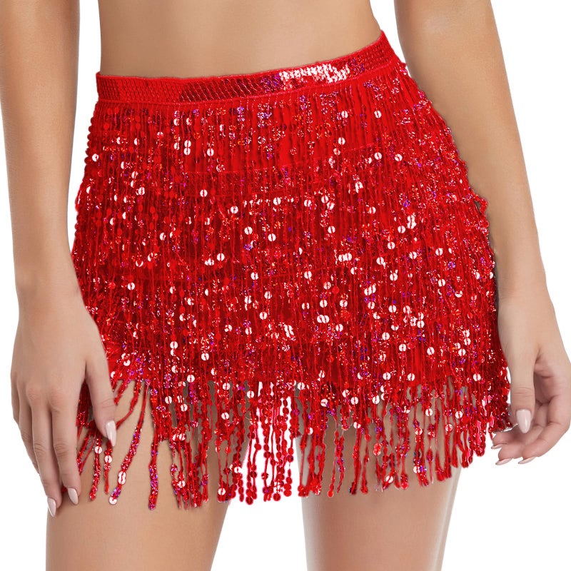 Fenyong Women's Sequin Tassel Skirts Sparkly Rave Fringe Hip Scarf for Festival Costume(Red) - Image 1